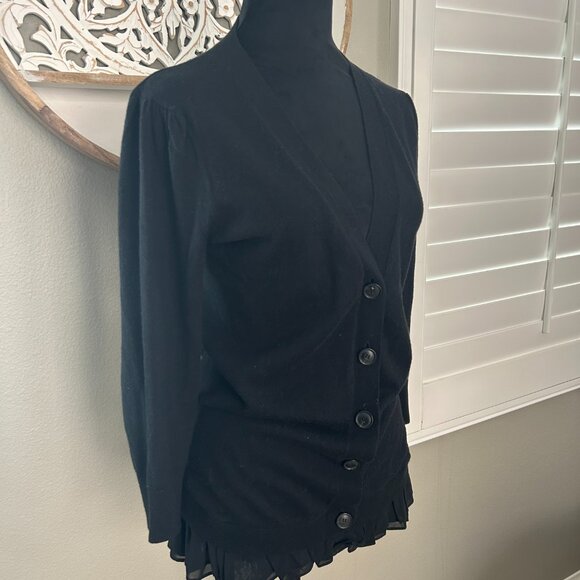 Theory Cardigan Cashmere Blend Black Button Down Ruffled Hem Sweater SZSP - Picture 3 of 9